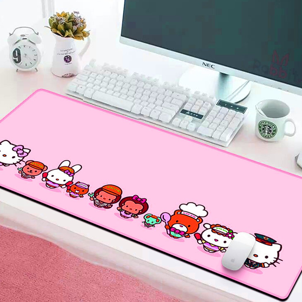 Lót Chuột Hello Kitty & Friend Đế Cao Su Chống Trơn, Pad Chuột Hồng Khâu Viền Chắc Chắn Kích Thước 80x40cm