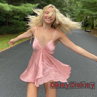 OKDK-Sexy Women Spaghetti Strap Dress Solid Color Elegant V-neck Sleeveless Backless Casual Lace Dress