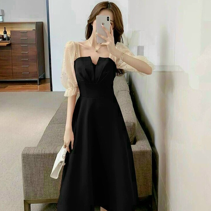 Đầm Xòe Dự Tiệc Dạo Phố Thiết Kế Cổ Vuông Tay Phối Lưới Chấm Bi Sang Chảnh Xinh Sắn Thời Trang Váy Nữ Xm Minh Phúc