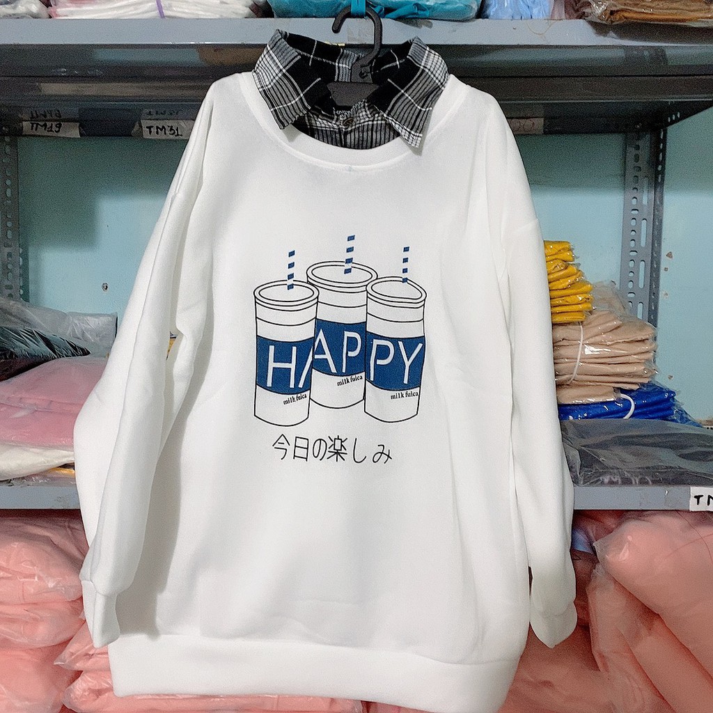 Áo Sweater Nỉ Kèm Cổ Sơ Mi HAPPY Unisex - KN