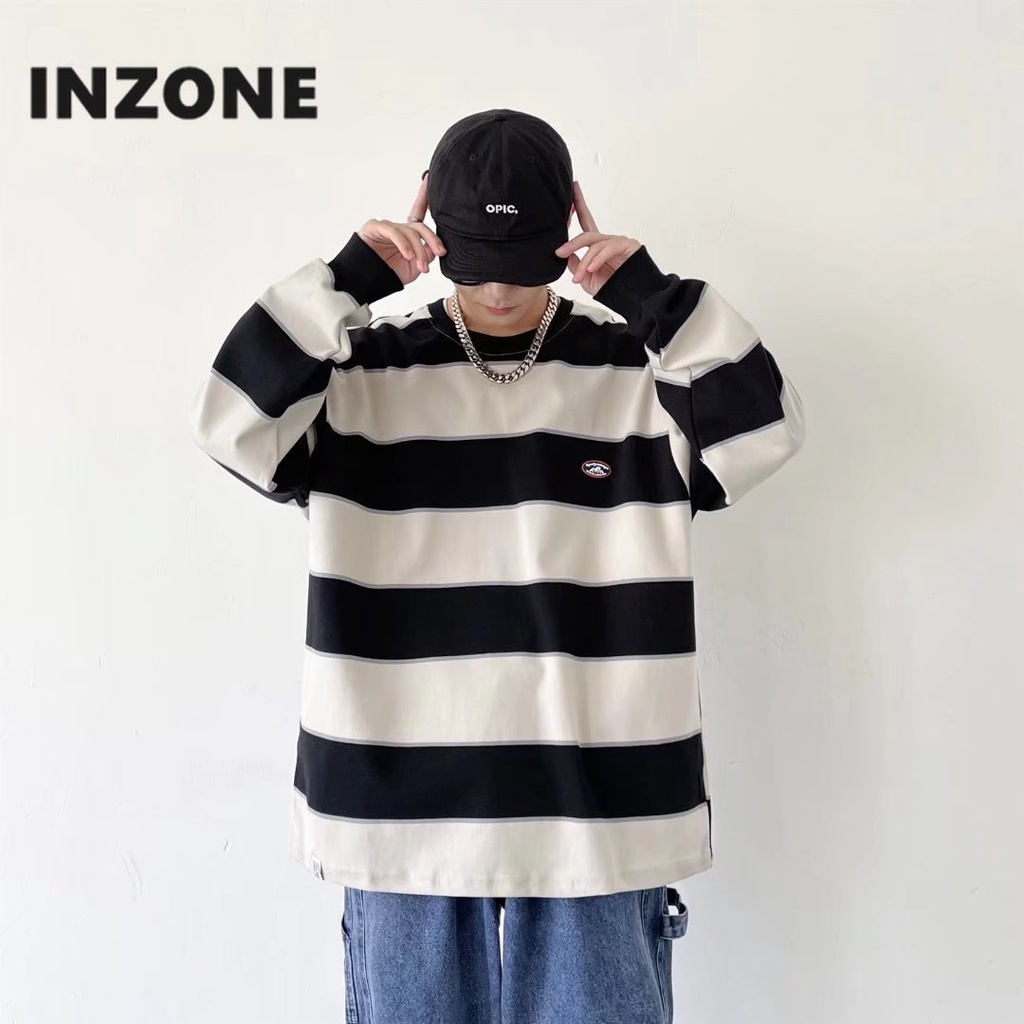 Áo Sweater Tay Dài Cổ Tròn Kẻ Sọc Trắng Đen Phong Cách Hàn Quốc Thời Trang Cho Nam Và Nữ
