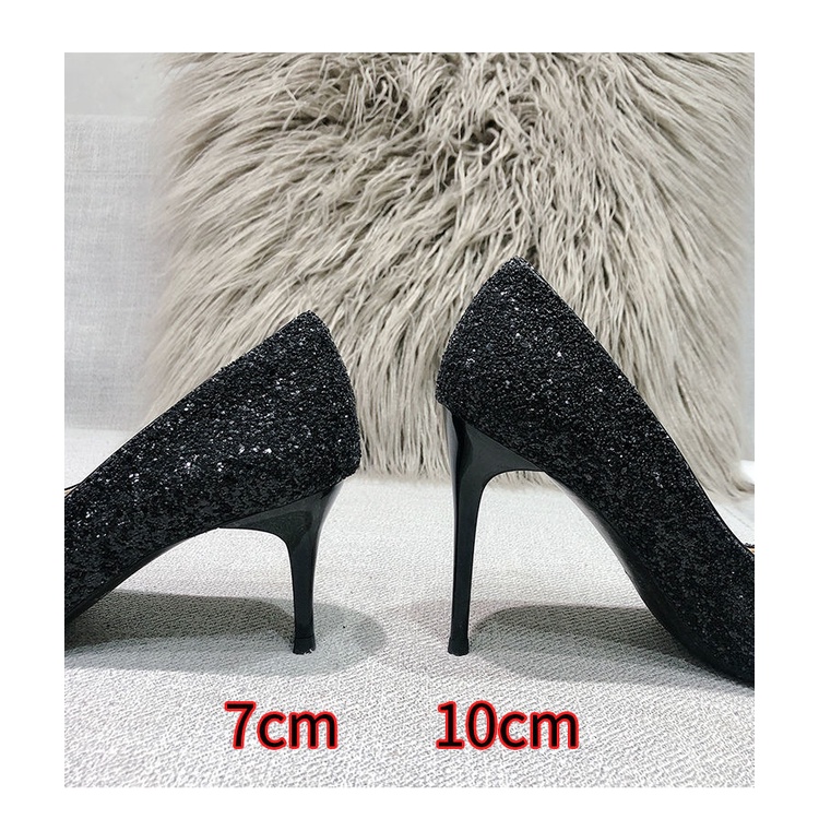 Giày Cao Gót Mũi Nhọn Màu Đen Đính Đá Lấp Lánh Phong Cách Thời Trang Hàn Quốc 2021