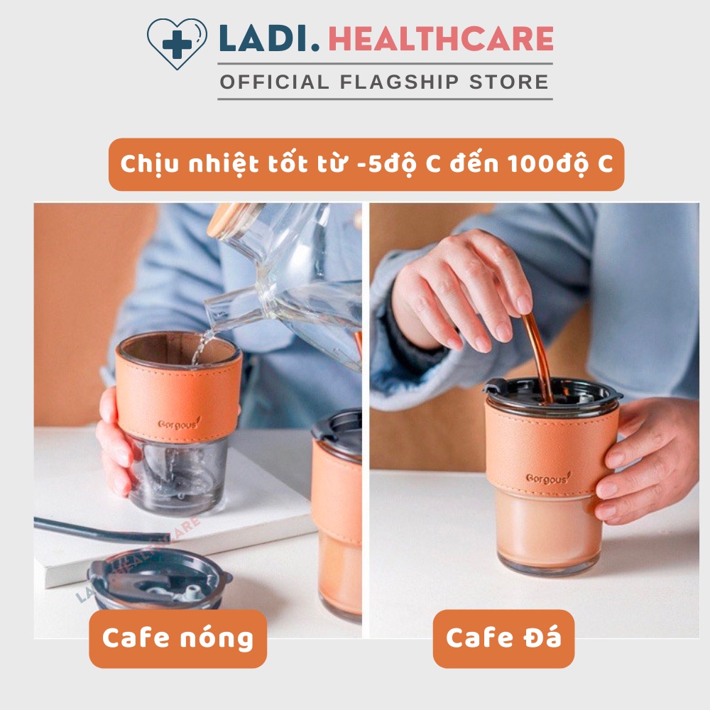 Cốc thuỷ tinh 450ml tặng Sticker trang trí ly, bình nước thuỷ tinh có nắp kèm bao da