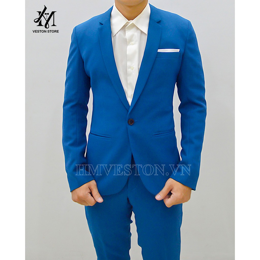 Bộ vest nam ôm body màu xanh cổ vịt chất liệu vải dày mịn co giãn + cà vạt nơ