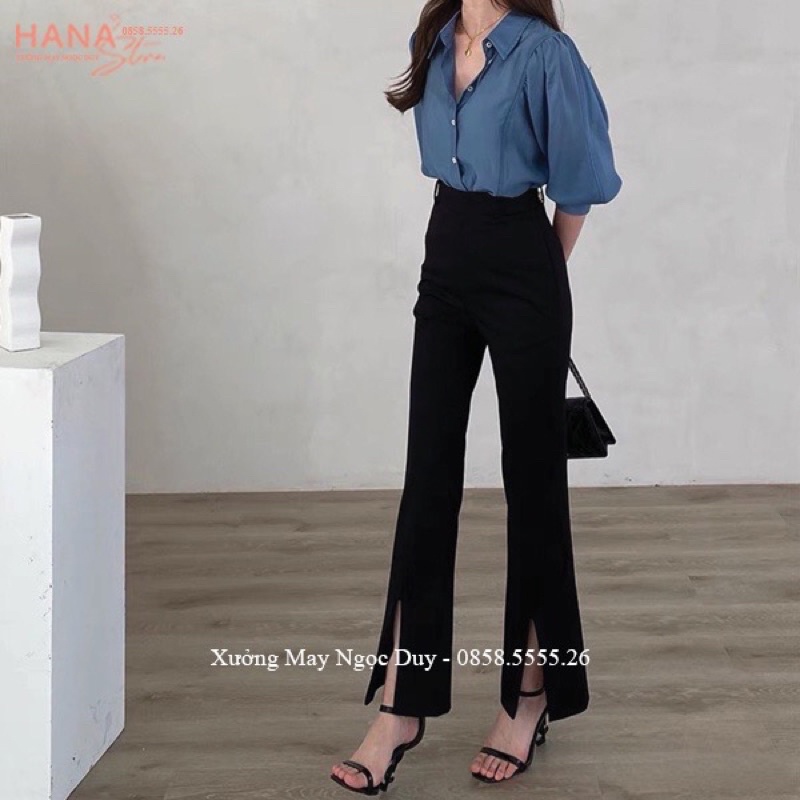 Quần ống loe xẻ gấu trước cạp cao tôn dáng màu đen - Quần tây ống loe lưng cao xẻ tà ống vẩy cá đính điệu công sở hẹn hò
