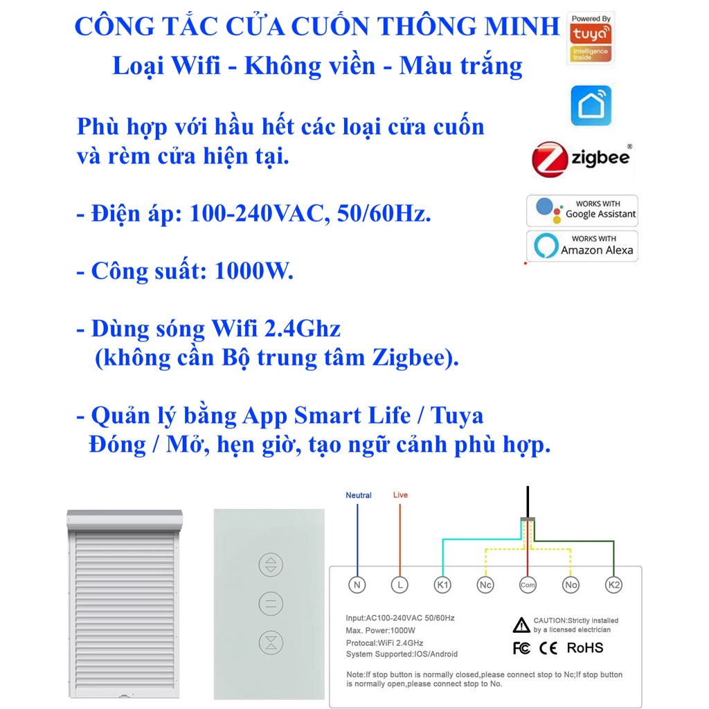 Công tắc cửa cuốn thông minh Hệ Tuya, kết nối Wifi/ Zigbee, App Smart Life/ Tuya -