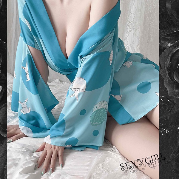 Cosplay kimono xẻ ngực sexy quyến rũ áo choàng ngủ kimono cao cấp in hình bé heo - thỏ đáng yêu BIKI HOUSE N743