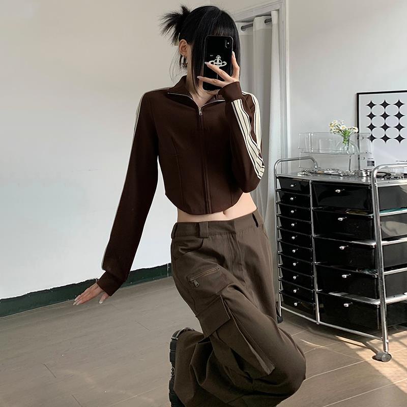 Áo Sweater Tay Dài Kẻ Sọc Phối Khóa Kéo Thời Trang Đường Phố Cá Tính Cho Nữ