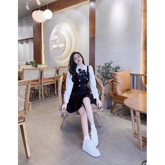 SÉT VÁY YẾM DẠ MIX ÁO SƠ MI KÈM TAG NƠ