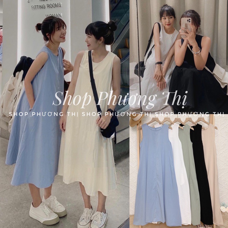 Váy ba lỗ suông chất thô trơn dáng xoè có túi - Đầm nữ maxi (hàng sẵn)