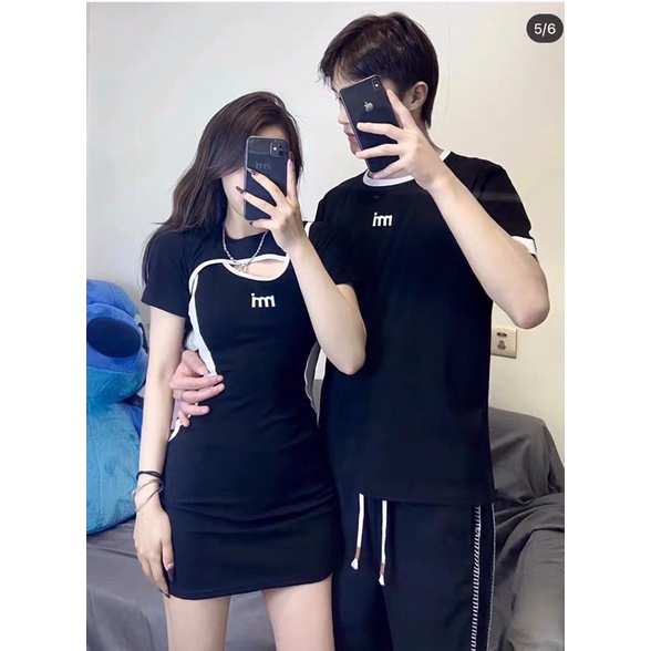 Đồ đôi váy ngắn body nữ kết hợp áo thun nam 2 màu đen và be siêu đẹp cho đôi tình nhân