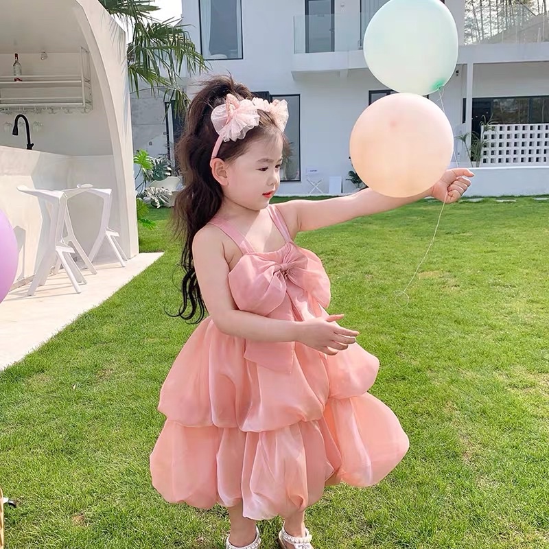 (9kg-21kg)Váy Công Chúa Thiết Kế Cho Bé Gái, Đầm 2 Dây Đi Tiệc Cho Bé Màu Hồng Cam Xin Xắn