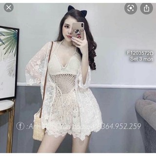 Set 3 món đi biển áo khoác áo bra lai phối dây tua rua kèm quần short ren!