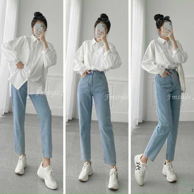 Quần Baggy Jean Nữ Trơn Lưng Cao, Quần Bò Lưng Cao Form Đi Học Đi Làm Dễ Phối Đồ Ms130