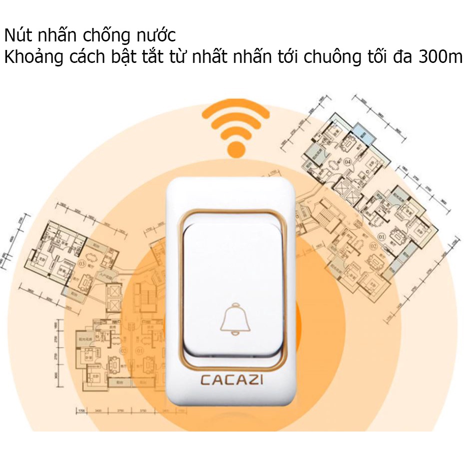 Chuông cửa không dây cacazi-K01 nút nhấn chống nước 36 kiều chuông khoảng cách 300m