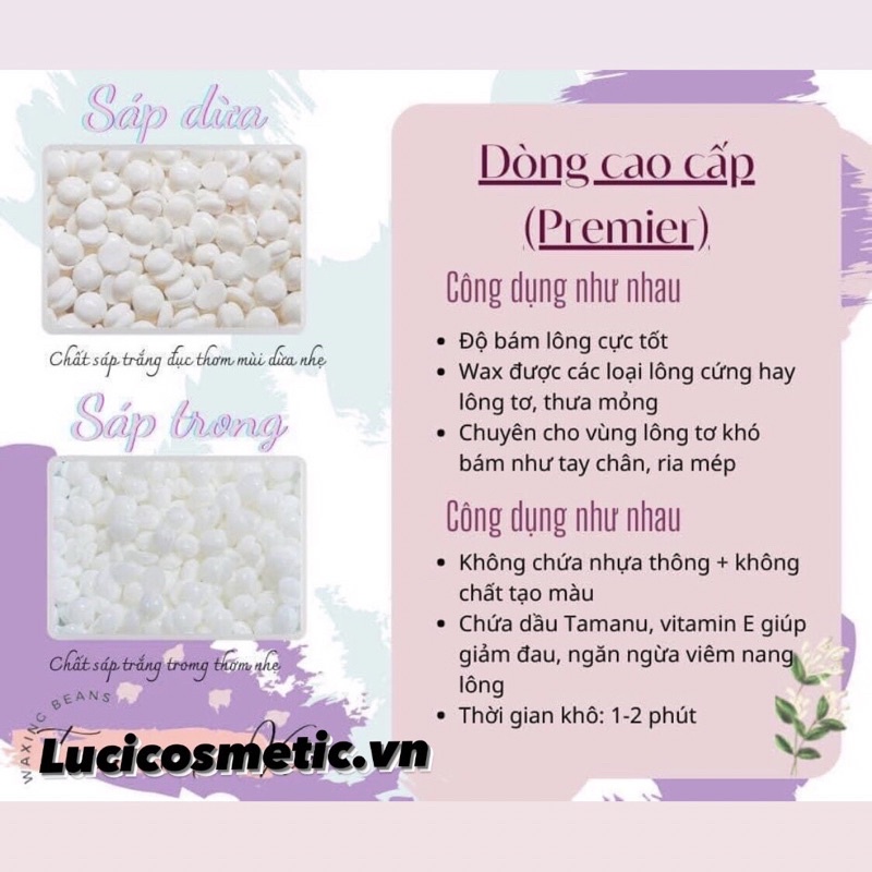 Sáp Wax Lông Nóng, Sáp Premier Siêu Bám Lông , sáp hard wax bean 100gr sữa dừa và sáp trong giúp làm sạch các vùng lông