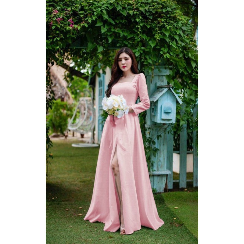 Đầm maxi dự tiệc mặc cưới xẻ đùi tay dài cổ vuông TRIPBLE T DRESS-Size S/M/L- MS284V