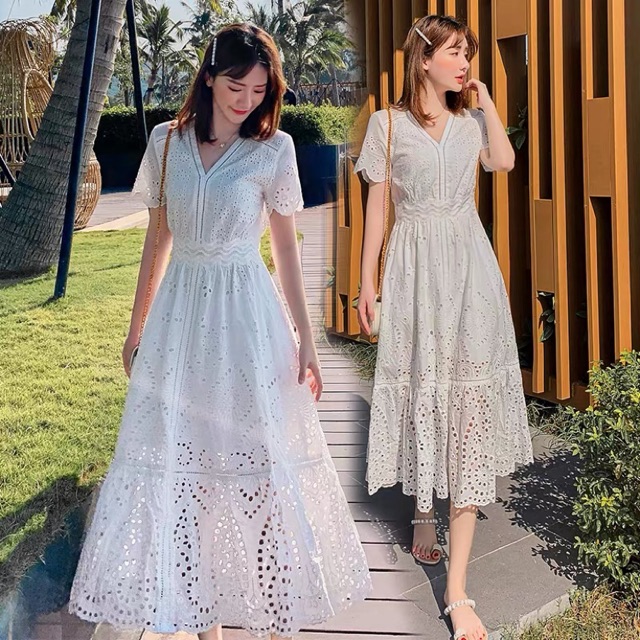 (sẵn) đầm maxi xô trắng tiểu thư