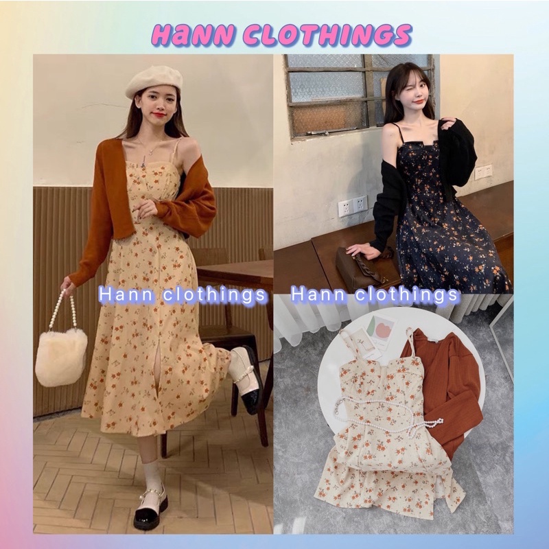 Set váy nhung tăm hoa nhí kèm áo cadigan/ Váy cúp ngực kèm áo khoác ngoài
