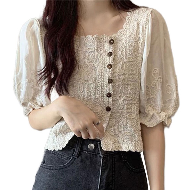 Áo Kiểu Cổ Vuông Tay Phồng Thêu Ren Phong Cách Pháp Ngọt Ngào Thời Trang Mùa Hè Cho Nữ