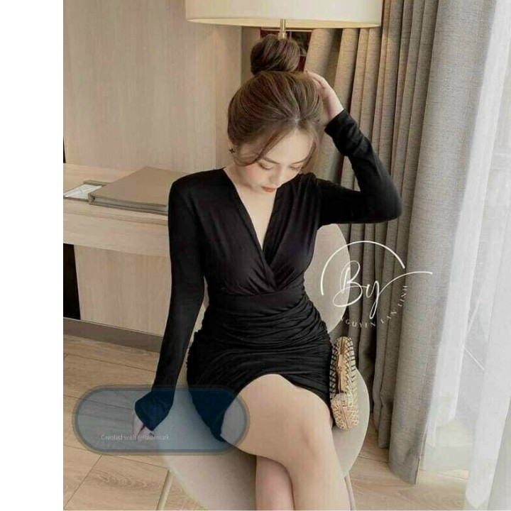 Đầm body tay dài cổ V vạt xéo nhún hông