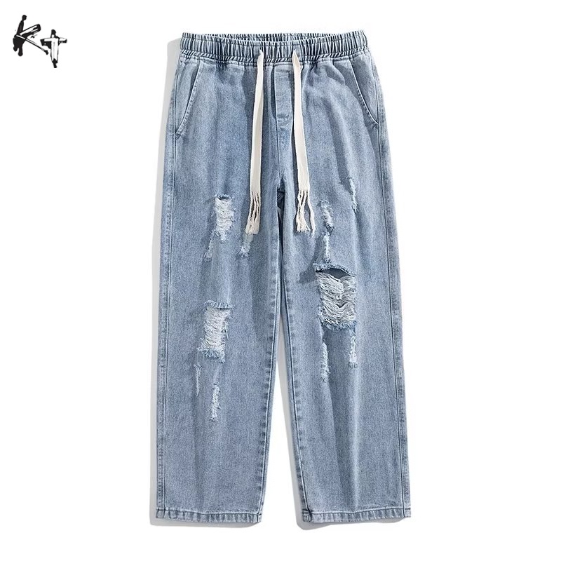 Quần jeans KT dây rút ống rộng lưng thun phong cách Nhật Bản cá tính dành cho nam