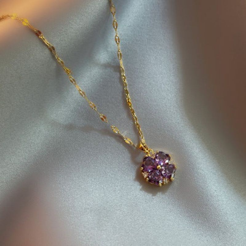 Vòng Cổ , Dây Chuyền Nữ Thép Titan Mặt Hoa zircon Màu Tím Phong Cách Hàn Quốc Mới