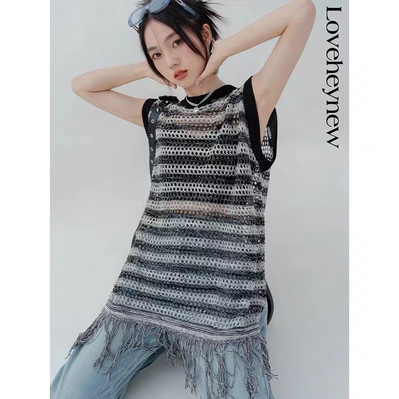 Áo Dệt Kim Sát Nách Kẻ Sọc Ngang Thời Trang Mùa Hè Hàng Mới Phong Cách Pháp 2022 Cho Nữ