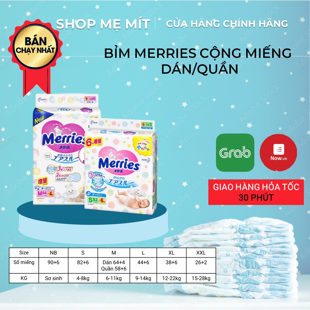 [CỘNG MIẾNG ] Bỉm Dán/ Quần MERRIES Nội Địa Nhật NB96/ S88/ M68/ L58/ M64/ L50/ Xl44