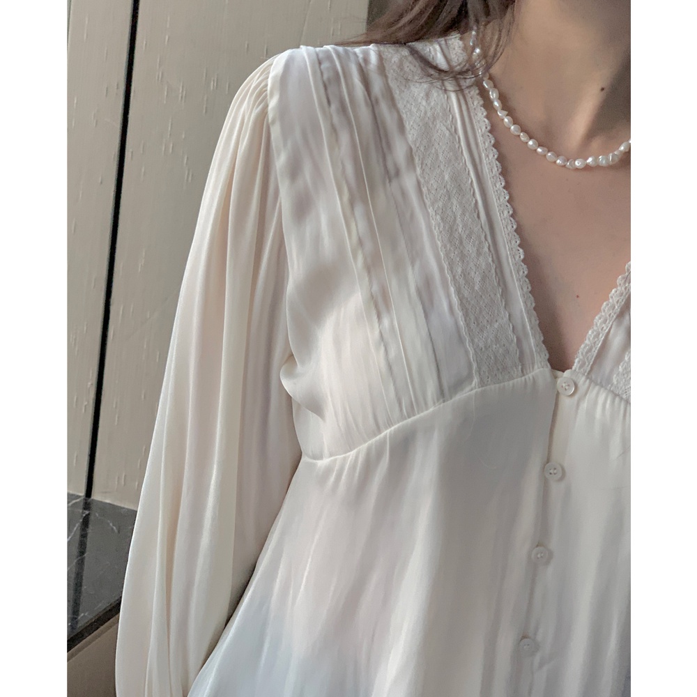 Áo sơ mi tay dài cổ chữ V phối ren thời trang dành cho phái nữ 42456v