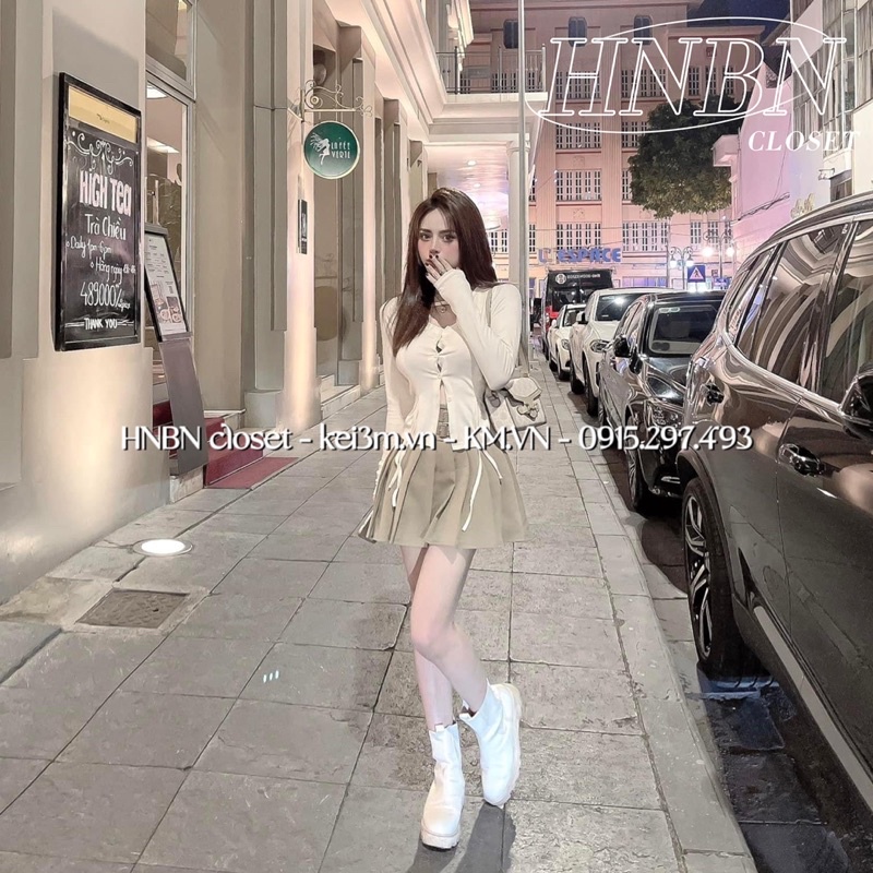 Set áo thun dài tay + chân váy kèm belt