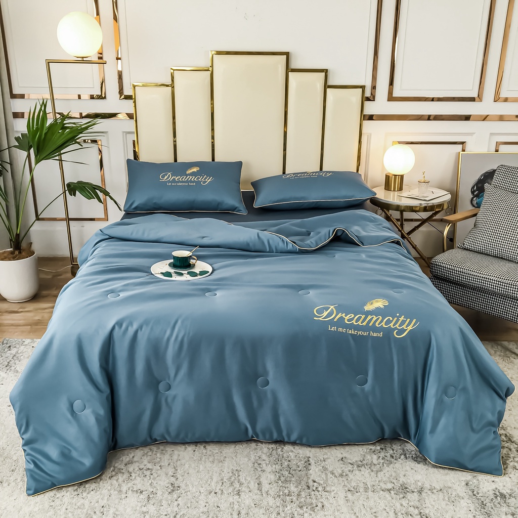 Bộ chăn ga gối lụa Dream city chăn trần hè mát lạnh , Set lụa phi bóng chăn hè mềm mịn nhập khẩu giá rẻ