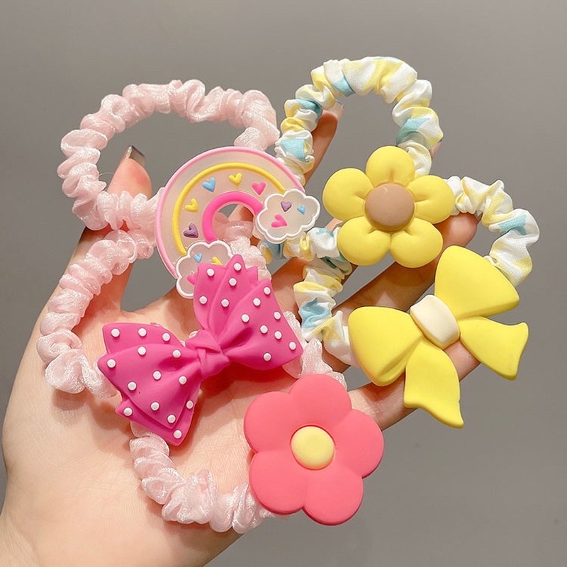 Set 5 Dây Buộc Tóc Cao Su Co Giãn Cho Bé Gái Họa Tiết Dễ Thương Phong Cách Hàn Quốc Xinh Xắn