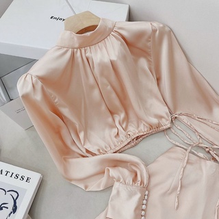Set croptop lụa cổ cao nhún tay dài bo eo + Chân váy lụa