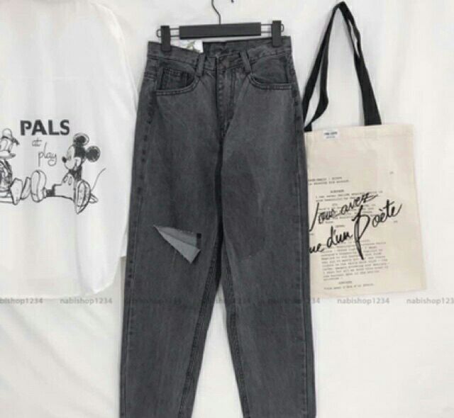 Quần baggy jean rách gối một bên cạp cao màu xám khói