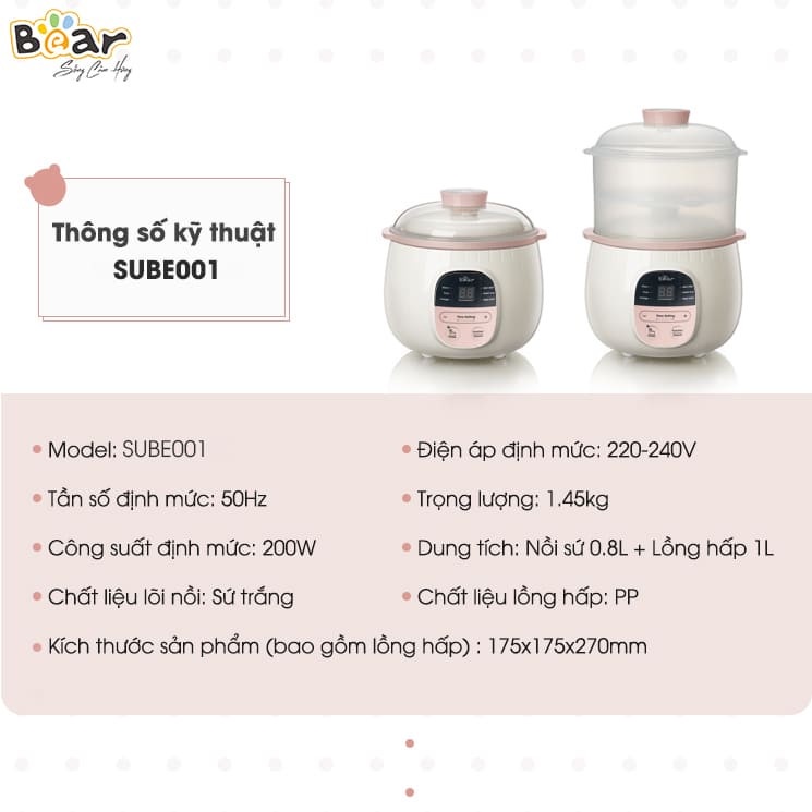 Nồi Nấu Chậm, Nồi Ủ Cháo Bear SUBE001 800ML - Hàng Chính Hãng Bảo Hành 12 Tháng