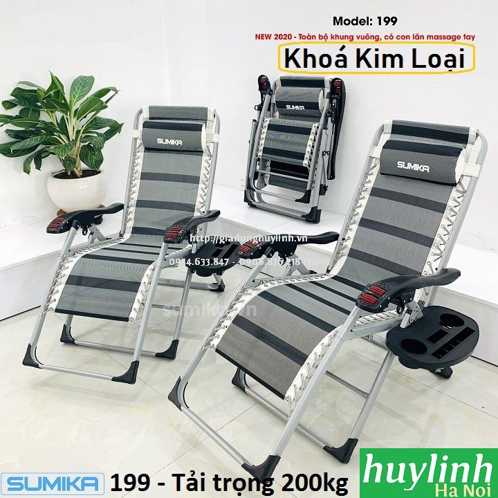 Ghế xếp gấp thư giãn Sumika 199 - Có con lăn tay massage - Tặng khay để ly - Khoá Kim Loại, tải trọng 200kg