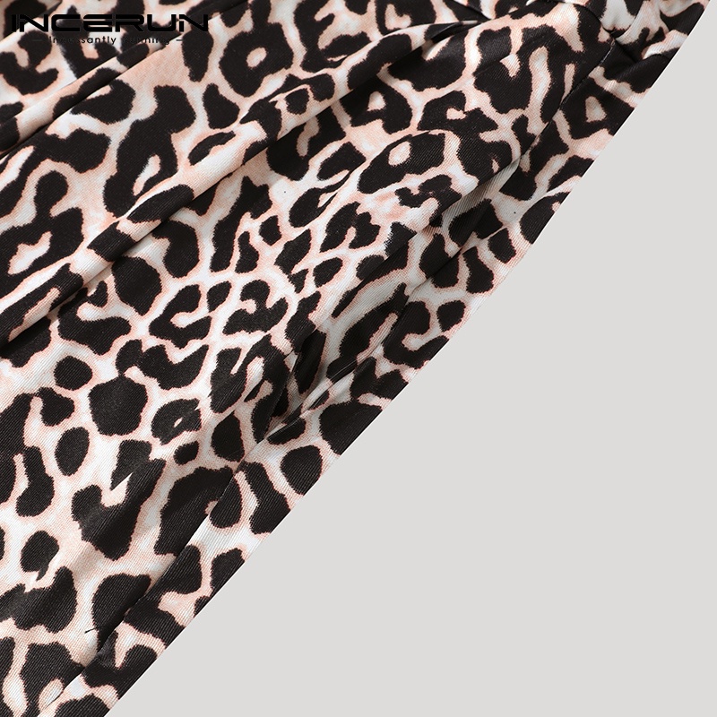 Áo liền quần INCERUN tay dài cổ chữ V họa tiết da beo thời trang dành cho bạn nam