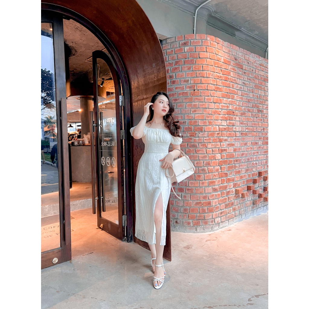 Dorothy Dress - Đầm ren kem lót lụa xẻ tà trễ vai tiểu thư quyến rũ