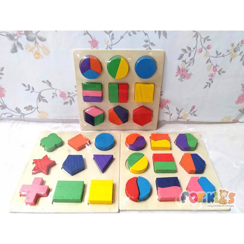 Đồ chơi xếp hình bằng gỗ, bộ 3 bảng ghép hình học, Giáo cụ montessori đồ chơi khoa học.