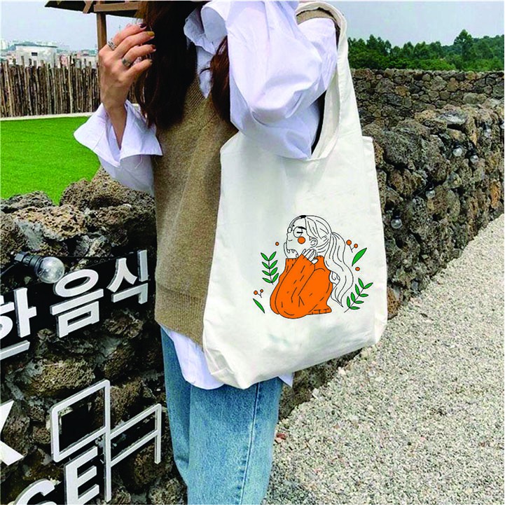 Túi tote vải bố đựng đồ cavas liền thân phong cách Hàn Quốc in hình cô gái váy cam