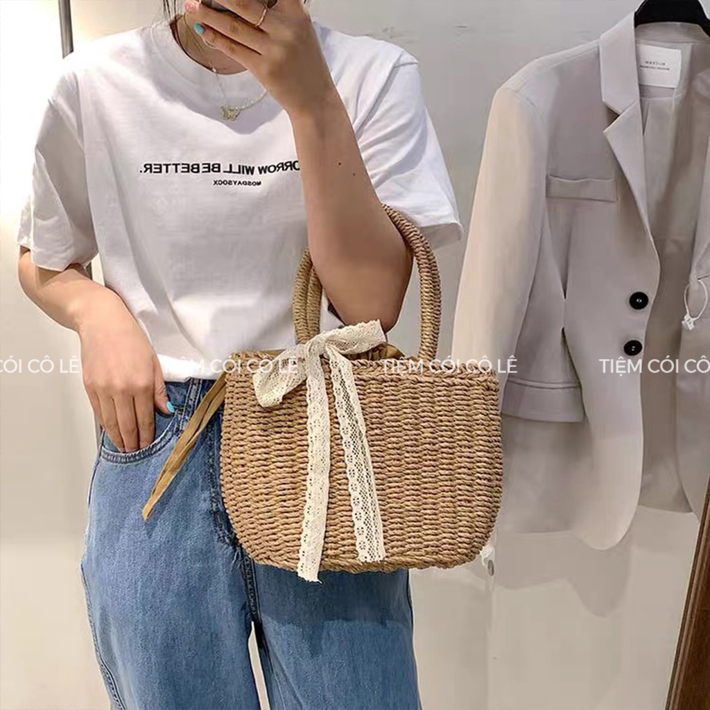 Túi cói bầu đính nơ ren đi biển phong cách vintage - Tiệm Cói Cô Lê