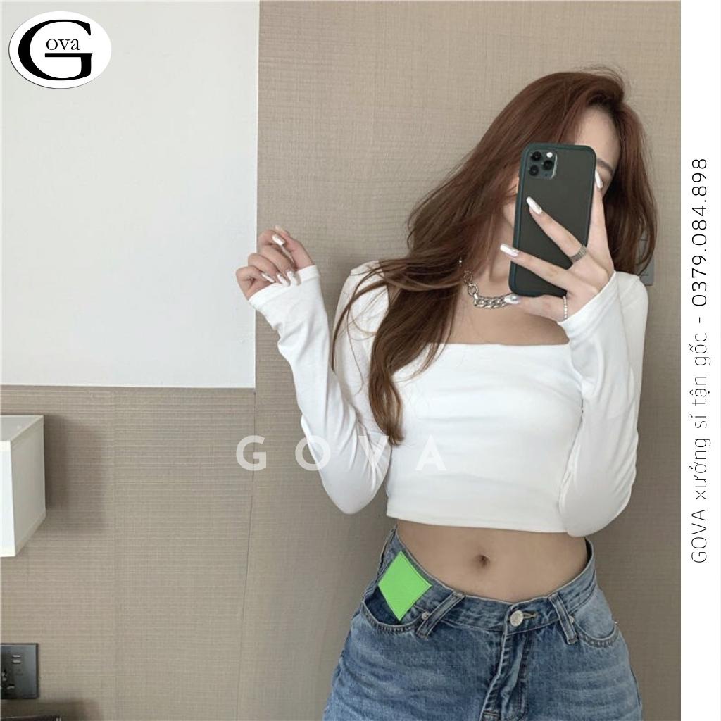 Áo Cổ Vuông Tay Dài Croptop, Áo Kiểu Vải Thun Cotton Cao Cấp Mịn, Co Giản Tốt DB60