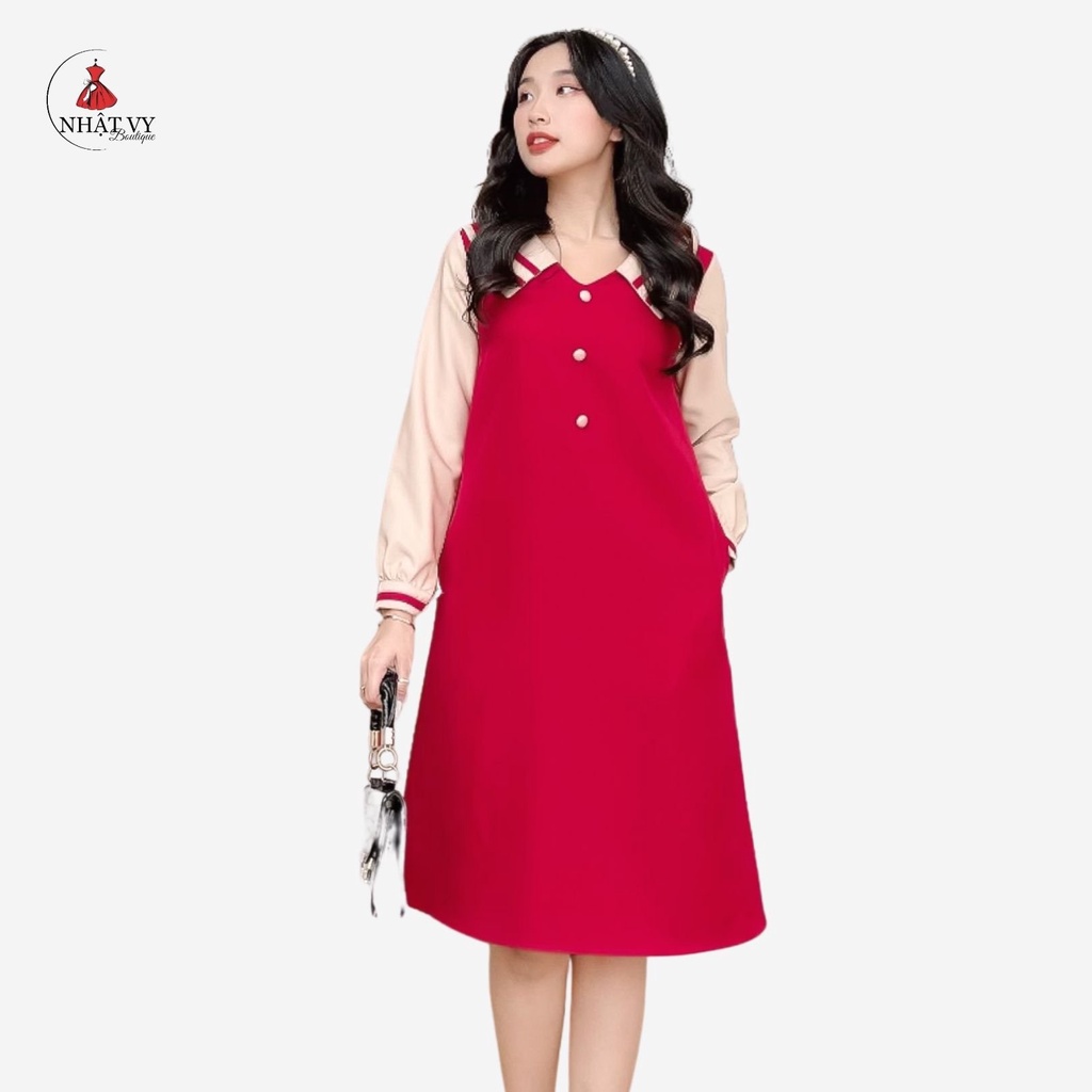 Đầm Suông Công Sở NHẬT VY Babydoll Dài Tay Cổ Viền Thuỷ Thủ Chất Kaki Thun Màu Xanh, Đen, Đỏ - D2208