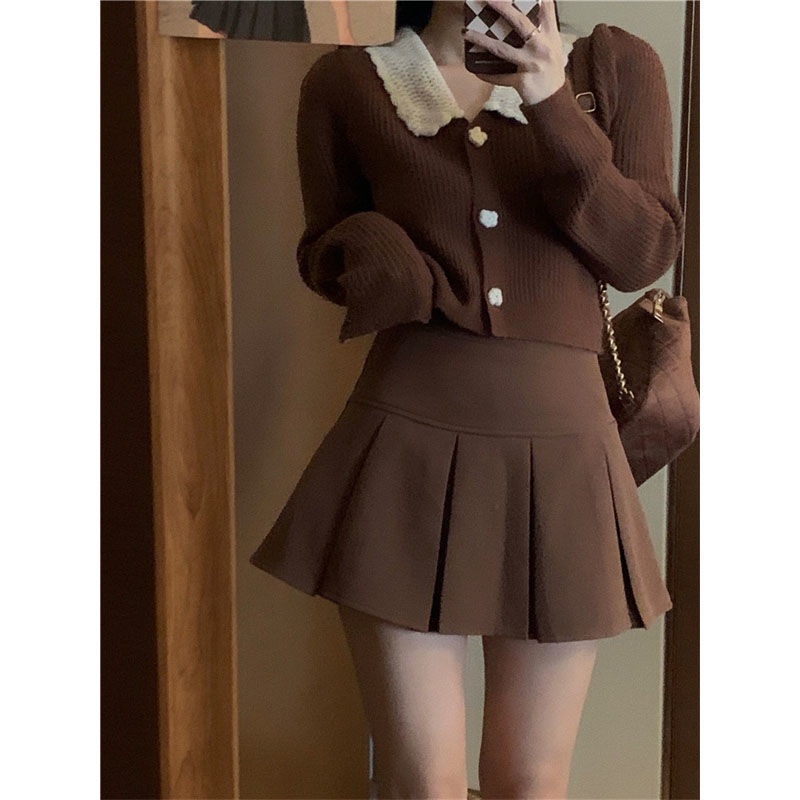 Set áo khoác cardigan và chân váy xếp ly phong cách Nhật Bản (Có bán lẻ)