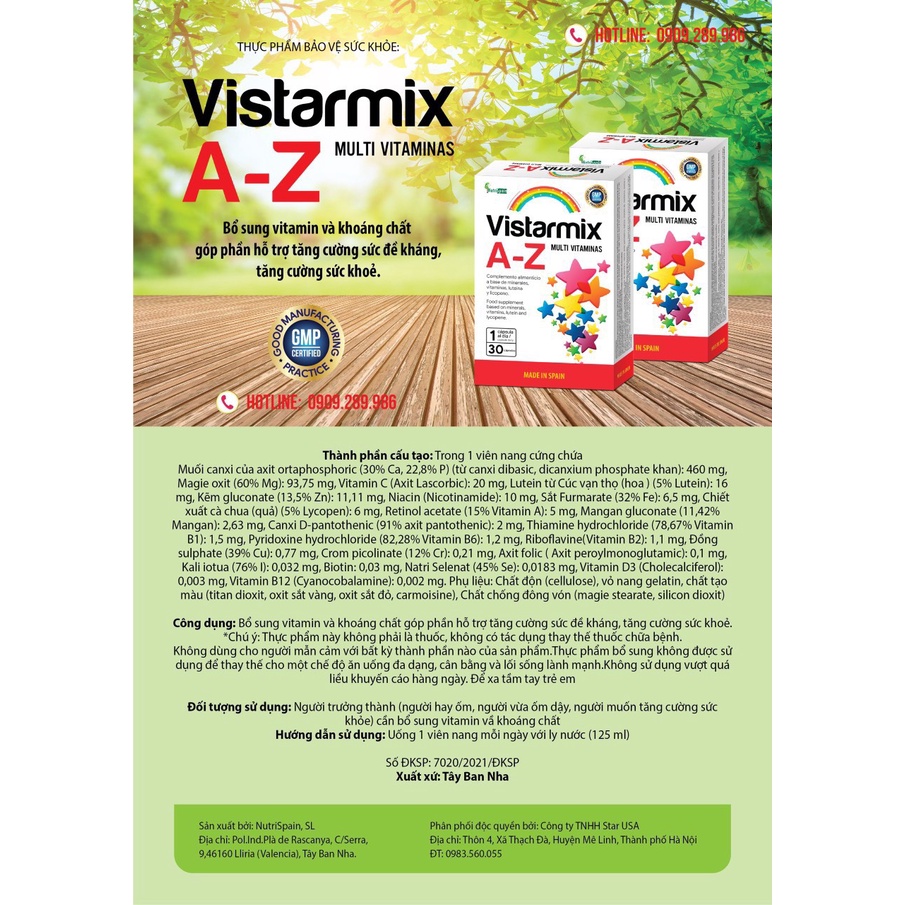 Vitamin tổng hợp nhập khẩu Tây Ban Nha Vistarmix Multi Vitaminas A-Z hộp 30 viên , hỗ trợ tăng cường sức đề kháng