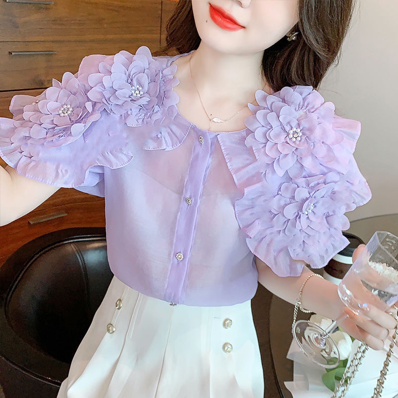 Áo Sơ Mi Tay Phồng Cổ Búp Bê Đính Hạt Phong Cách Pháp Thời Trang Mùa Hè 2022 Hàng Mới
