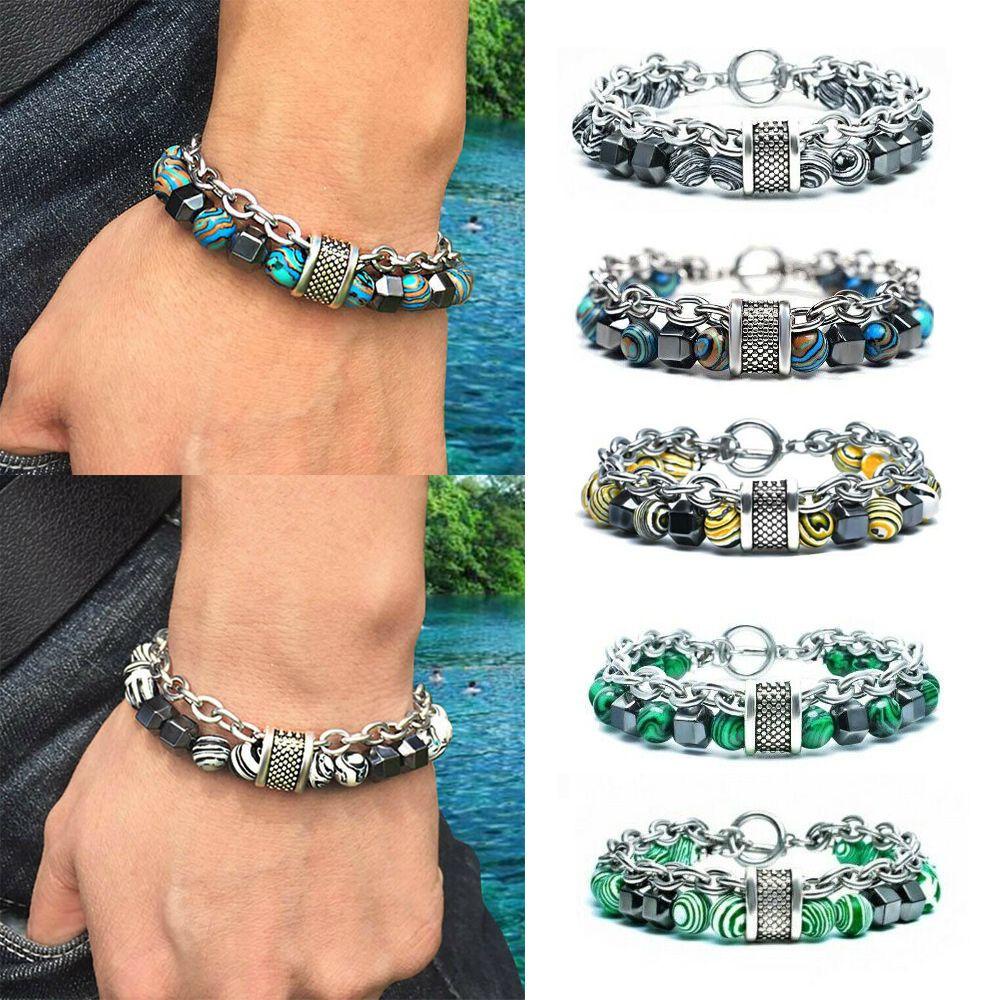 ❦ME❦ Fashion Tigers Eye Wristband Jewelry Malachite Bracelet Obsidians Bracelets Mens Stress Relief Bangles Hip Hop 8mm Beads Chain