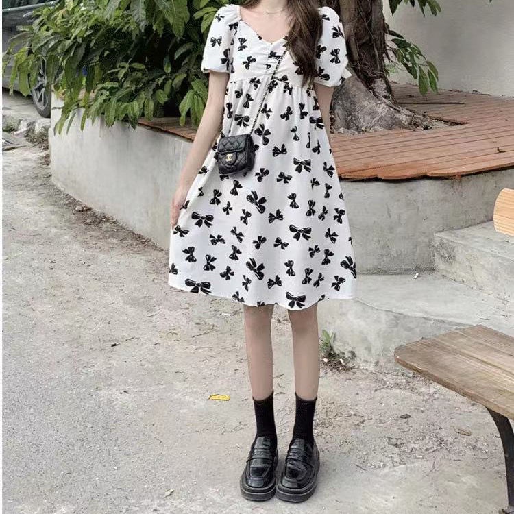 Đầm Tay Phồng Ngắn Phối Nơ Phong Cách Pháp Hàng Mới Ngọt Ngào Mùa Hè Cho Nữ