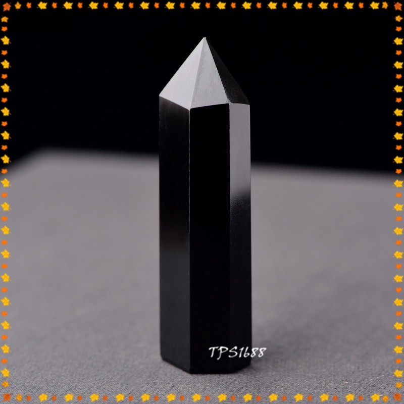 Đá thạch anh Obelisk đen obsidian tự nhiên dạng tháp lục giác nhọn